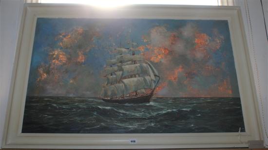 Oil on canvas of a tea clipper, indistinctly signed